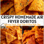 Golden air fryer Doritos chips sprinkled with Homemade Doritos Seasoning on a rustic plate.